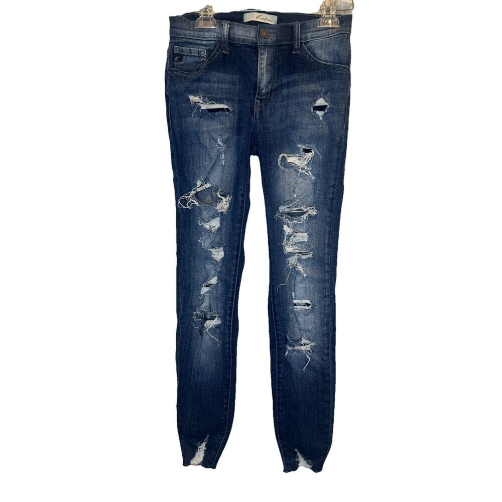 KanCan Jeans Womens 7/27 Blue Mid Rise Skinny Distressed Raw Hem Style K1183A